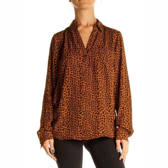The Limited Brown Leopard Print V Neck Button Down Long Sleeve Blouse - Picture 2 of 10